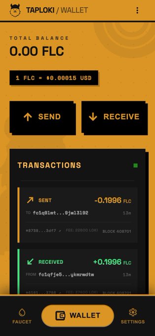 Tap Wallet interface showing FLC balance and transaction controls